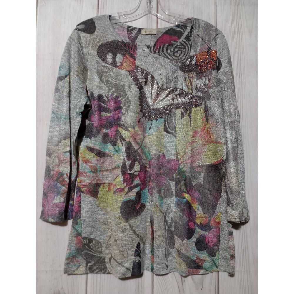 Cactus Shirt Ladies Medium Gray Pink Butterfly Embellished Scoop Neck Knit Light